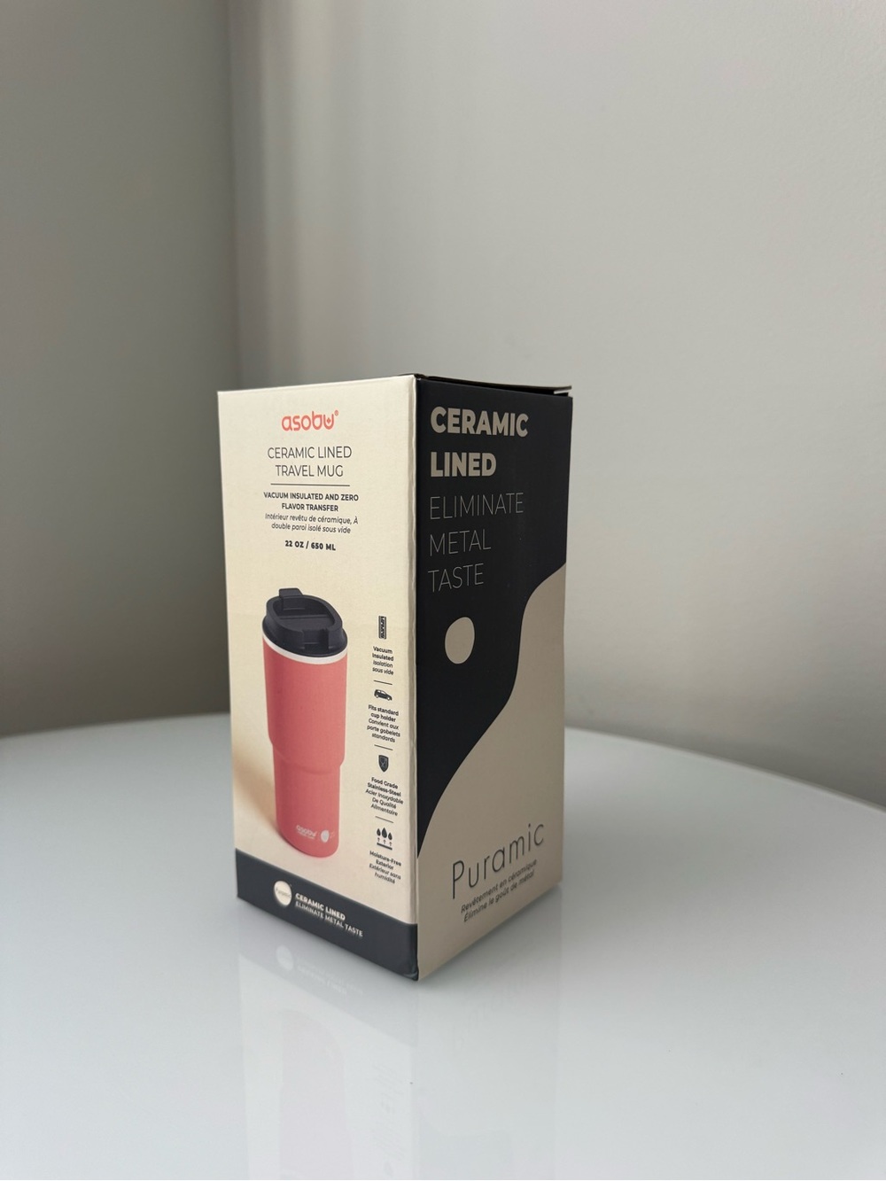 Asobu Ceramic-Lined Tumbler Cup Travel Mug 22oz 650mL Black Lid Coral PinkOrange